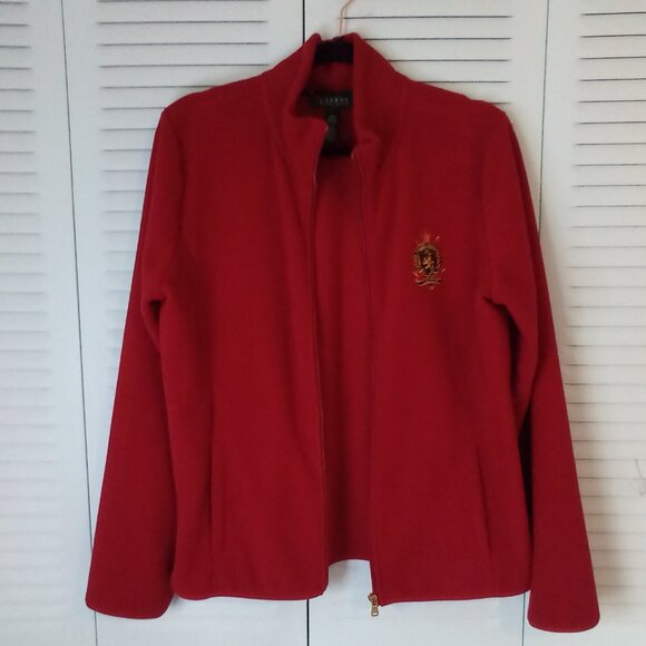 LRL LAUREN RALPH LAUREN L ZIP FLEECE JACKET TARTAN PLAID PIPING CREST POCKETS - Picture 3 of 9